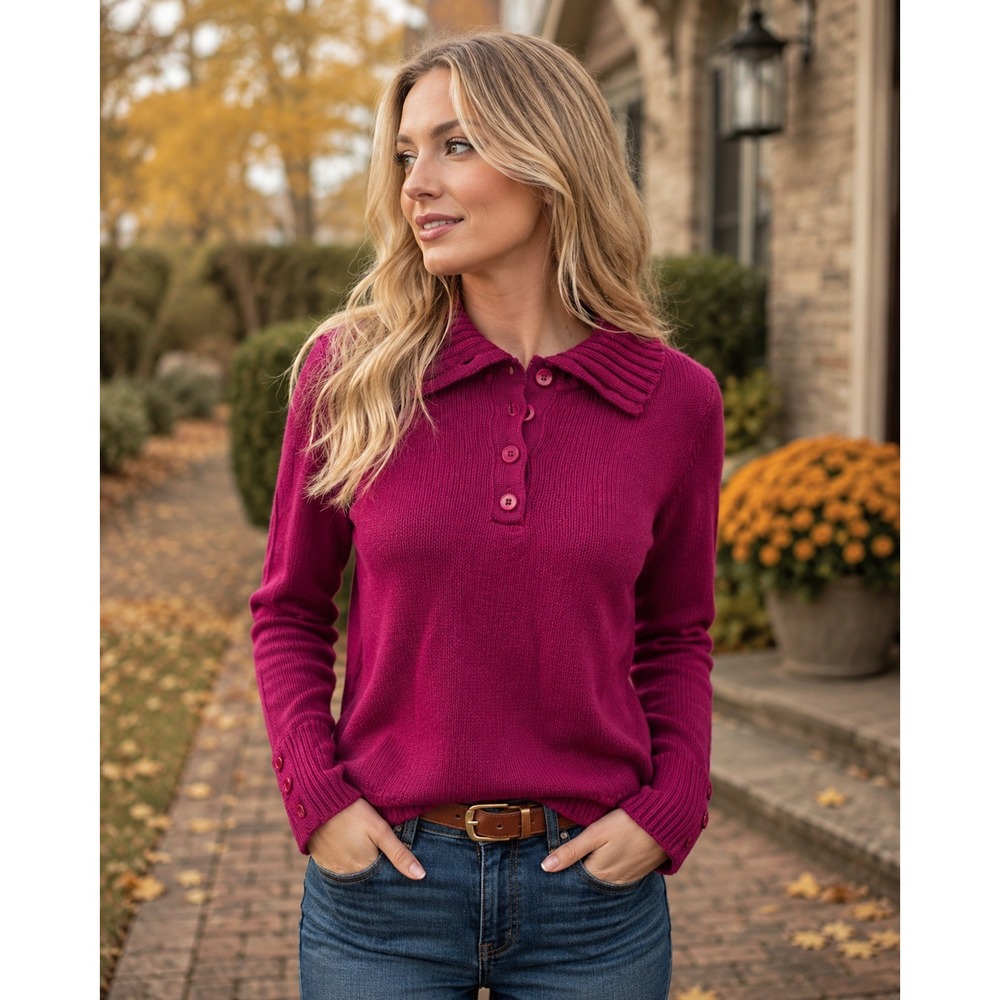 Talbots Women's Magenta Pink Collared Knit Pullover Sweater Medium Preppy
